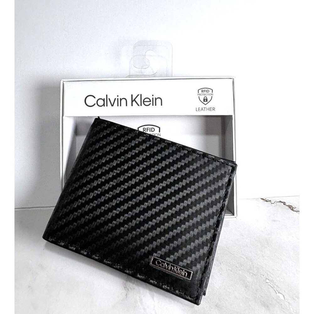 NEW ! Calvin Klein RFID Blocking Bifold Slim Black Leather Logo Men's Wallet